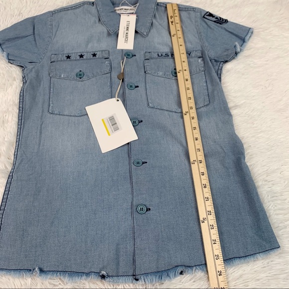 Etienne Marcel New Short Sleeve chambray Button-Up Top Embroidered US Navy blue - Picture 5 of 10